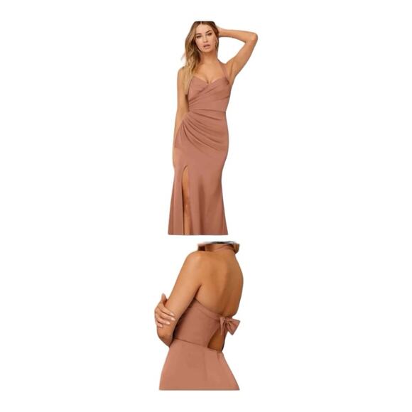 NWT Azazie Kendall X Kylie Formal Pink Satin Bow Maxi Bridesmaid Prom Dress 2 - Picture 6 of 7